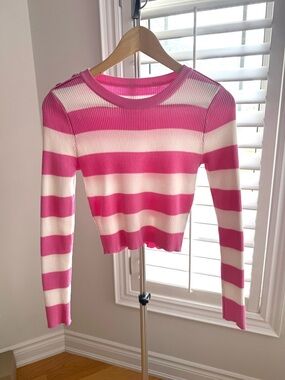 Pink & White Striped Ribbed Long Sleeve Crop Top
